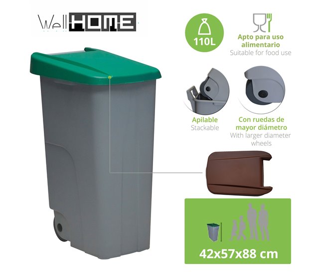WELL HOME Conjunto de 2 Recipientes Fechados de 110L Azul+Preto Alt.88cm Azul/ Preto