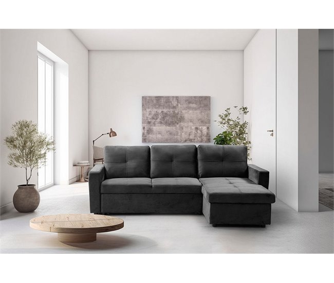 Sofá Cama Com Baú e Chaise Longue Cinza Claro