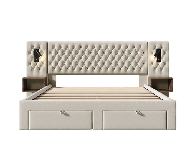 Conjunto completo cama estofada 160x200 cm - 2 mesas de cabeceira, 4 gavetas, luz led usb - bege