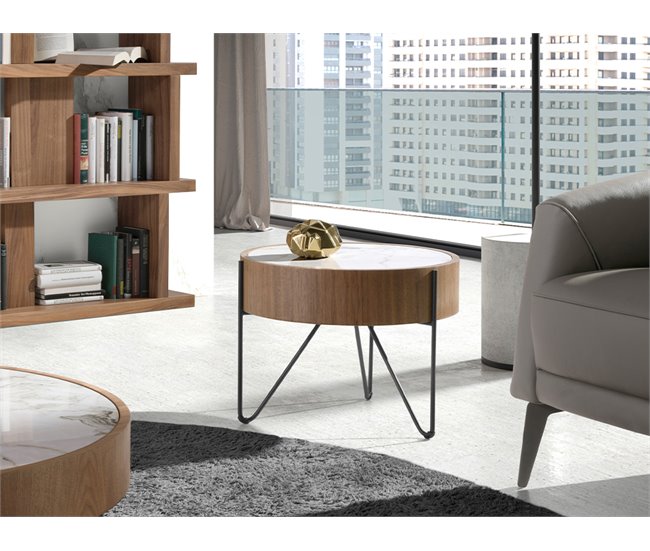 ANGEL CERDA Mesa de canto redonda em mármore porcelânico, nogueira e aço preto Branco/ Madeira