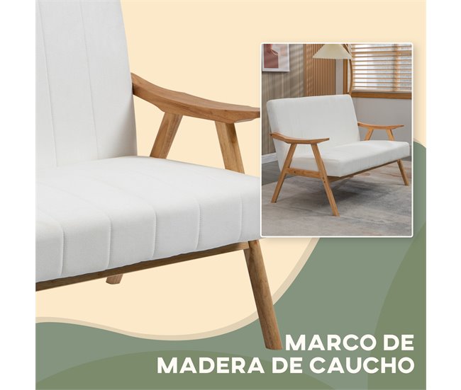 Sofá de 2 Lugares Poliéster, Espuma e Madeira de Borracha HOMCOM Cru