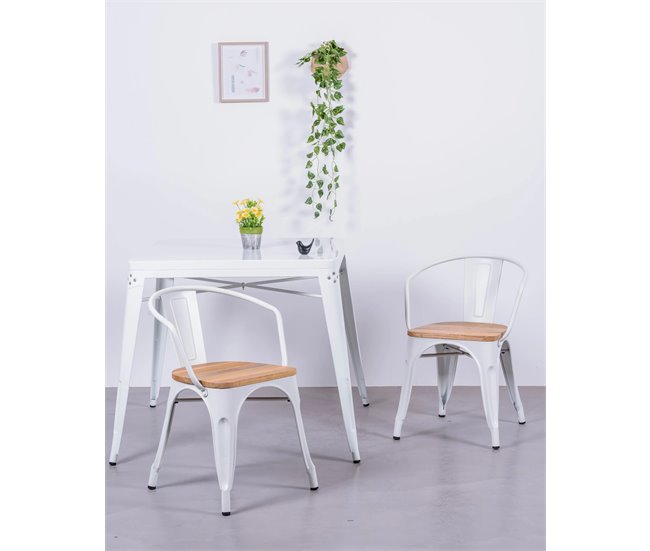 Cadeira industrial com braços e assento em olmo - Bistro Branco