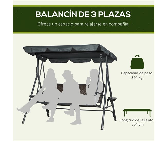 Baloiço de Jardim Poliéster, Vime PE e Aço Outsunny Cinza