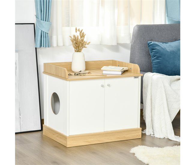 Casa para Gatos de Madeira Melamina de Madeira PawHut Natural/ Branco