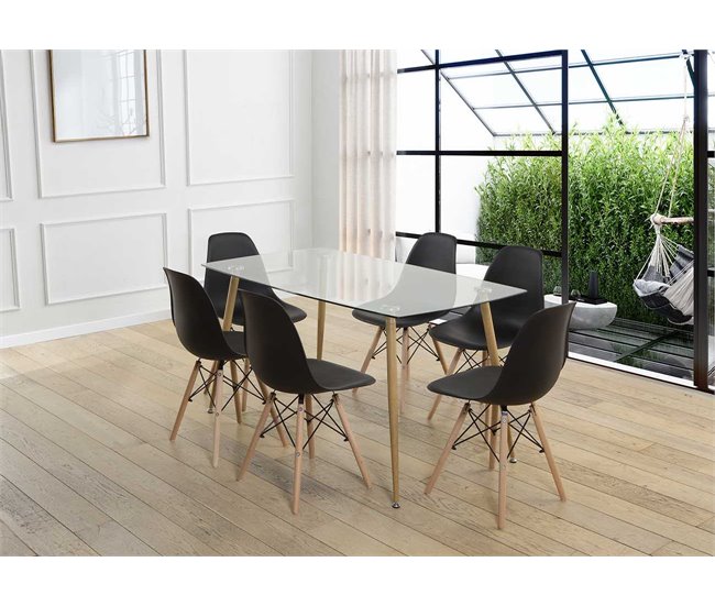 Pacote de mesa de vidro temperado + 6 cadeiras estilo nórdico Transparente