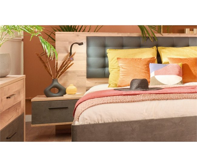 Conjunto cama com cabeceira e 2 mesinhas RICCIANO Carvalho