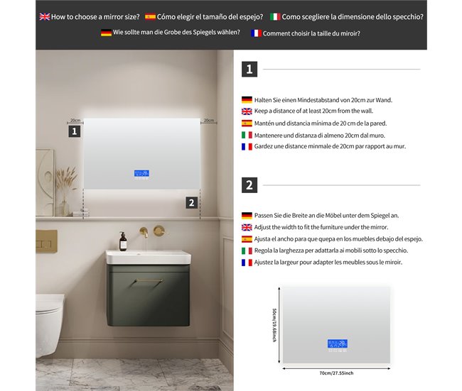 Espelho LED para banheiro 70x4 Transparente
