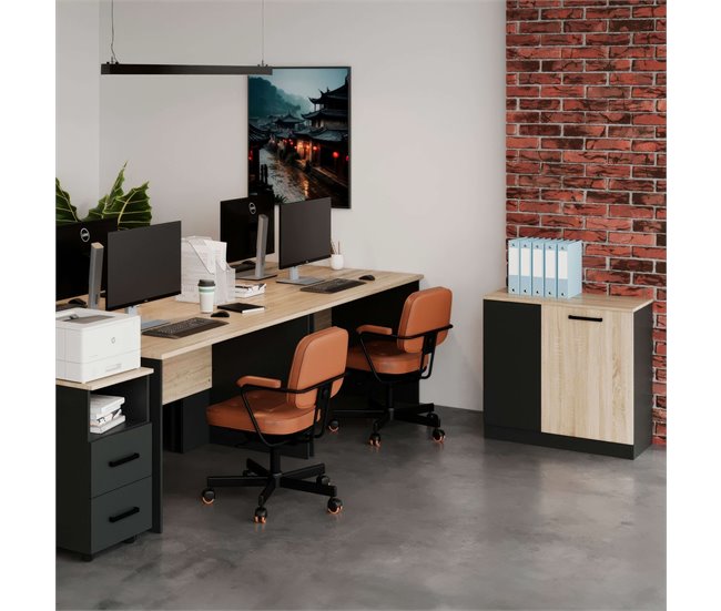 Armário Auxiliar Blacky Office Estilo Nibis 2 Portas 2 Prateleiras Cinza/ Madeira