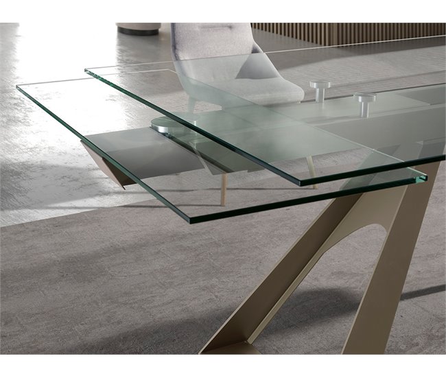 ANGEL CERDA Mesa de jantar extensível retangular em vidro temperado e aço cinzento taupe 240x100 Transparente