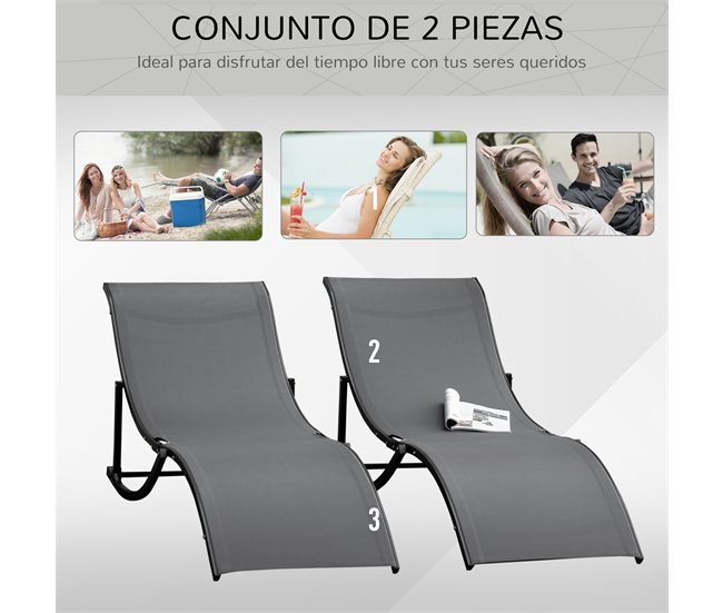 2 espreguiçadeiras dobráveis Aluminum, Texteline Outsunny Cinza