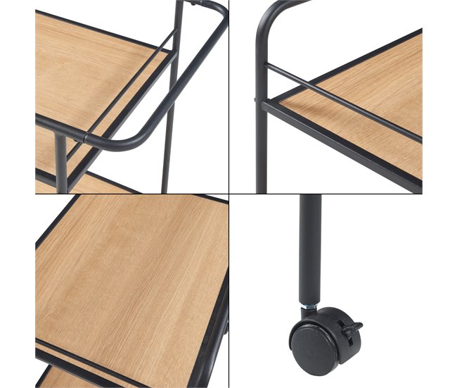 [en.casa] Carro de serviço Hole com 2 prateleiras em metal MDF 62 Preto
