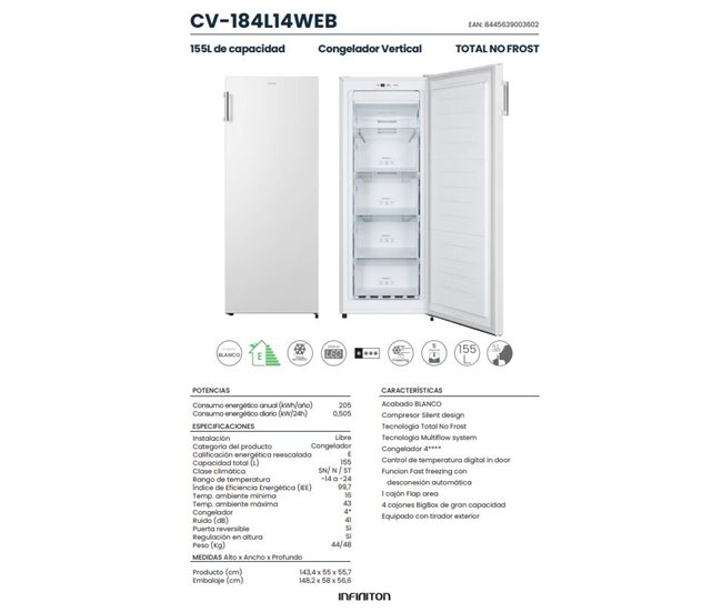 Congelador vertical Infiniton CV-184L14WEB, 155 l, E, Total No Frost Branco
