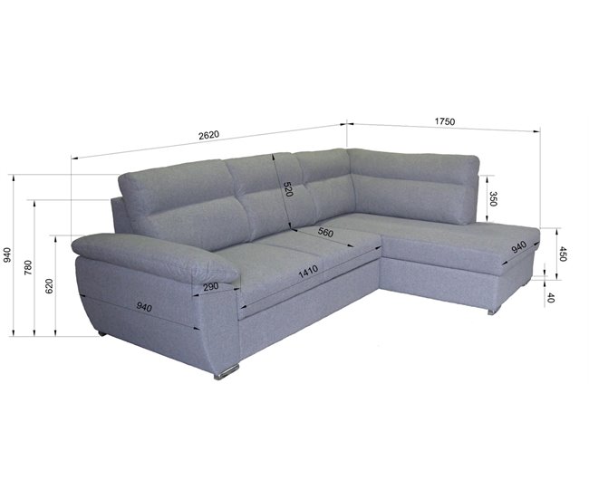Sofá de canto KENDAL com cama e arca Cinza