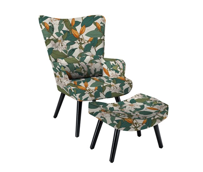 Sofá individual de imitação de linho estampado verde branco lilium floral com apoio para os pés