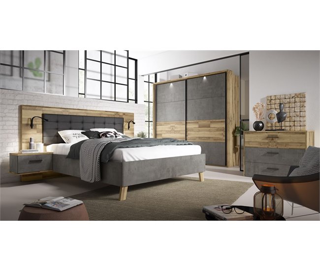 Conjunto cama com cabeceira e 2 mesinhas RICCIANO Carvalho