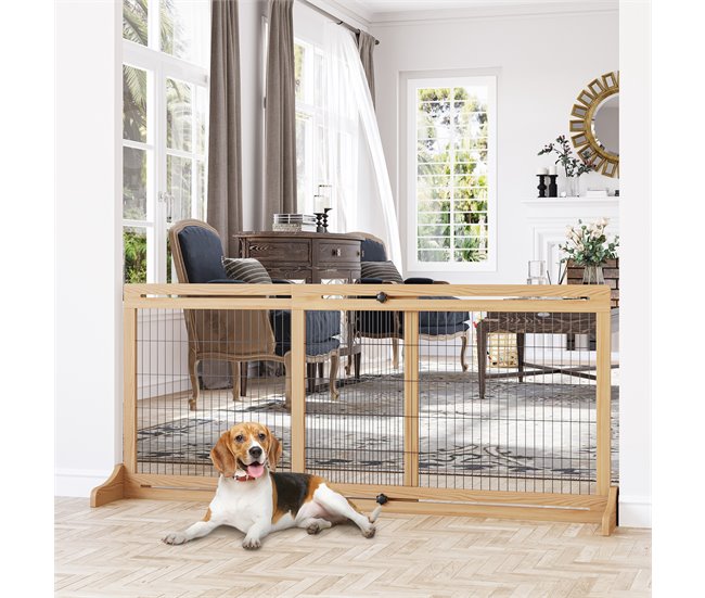 Barreira de Segurança para Cães Madeira de Pinho e Aço PawHut Natural