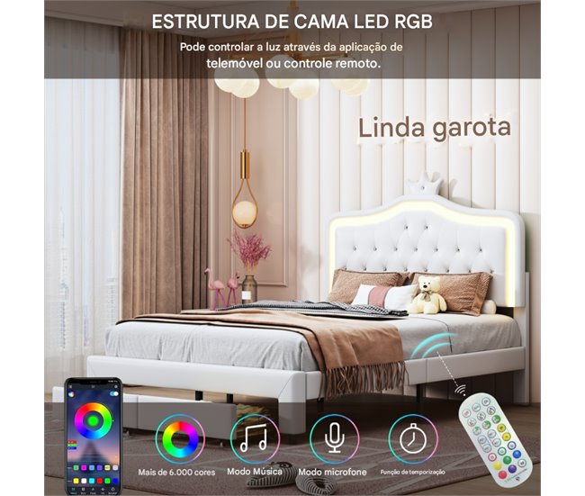 Cama, LED, cama adolescente, cama de casal, gavetas Branco
