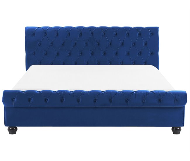 Beliani Cama com estrado Veludo AVALLON 192x233 Azul Marino