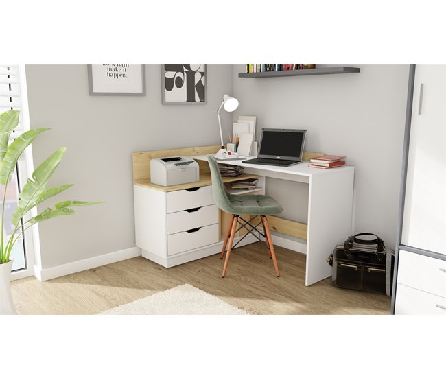 Secretária de escritório ARCO 3 gavetas branco e artesanal Carvalho