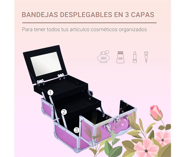 Maleta de Maquiagem Quadro de alumínio, MDF, pelúcia HOMCOM Rosa