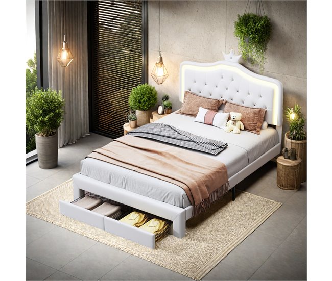 Cama, LED, cama adolescente, cama de casal, gavetas Branco