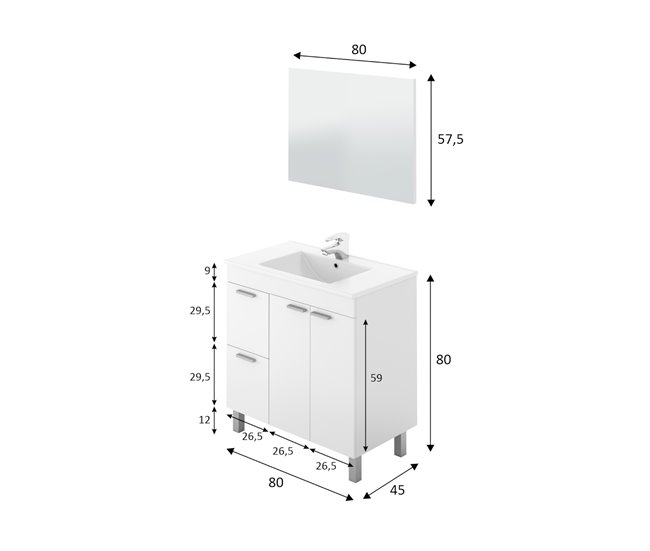 Armário de casa de banho com 2 portas, 2 gavetas e um espelho Dgabett 80 Branco Brillo
