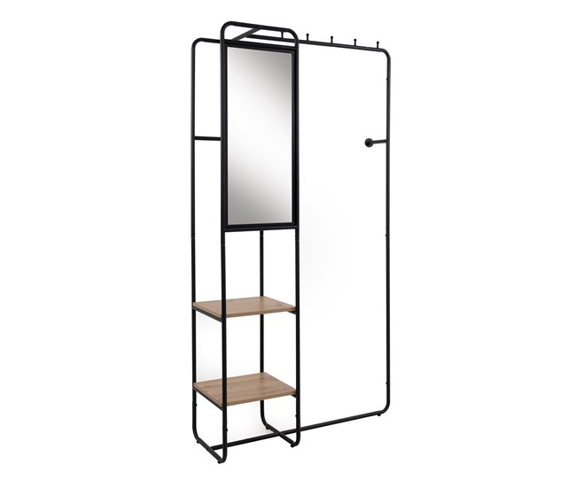 Móvel para hall de entrada com espelho e 2 prateleiras LUTON Preto/ Madeira