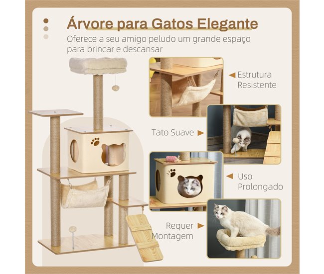 Árvore para Gatos MDF, Juta, Pelúcia PawHut Bege
