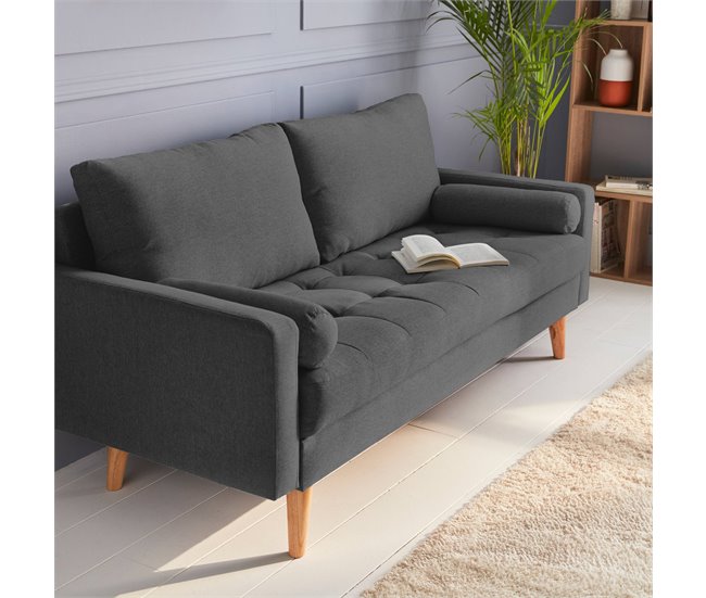 Sofá escandinavo de 3 lugares, direito, pernas de madeira Azul Marino