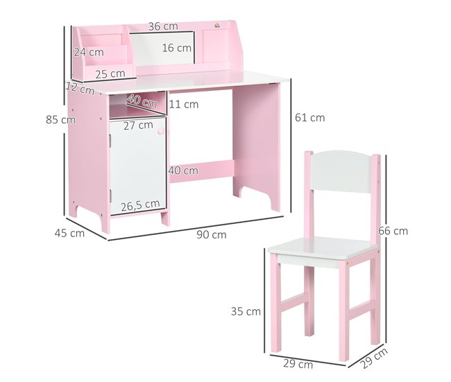 Mesa e Cadeira Infantil MDF e Madeira de Pinho HOMCOM 90x45 Rosa