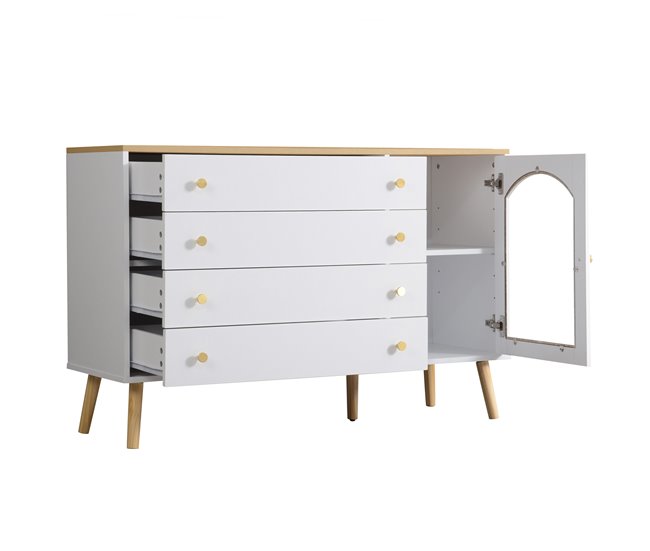 Aparador de painel de partículas com 1 porta e 4 gavetas Branco