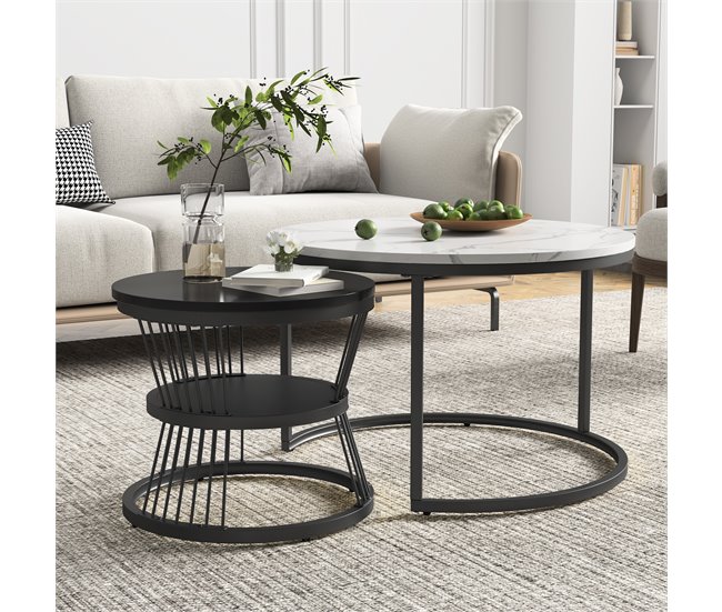 Mesa de centro, mesa de sala, iluminação LED, gavetas 70x45 Branco/ Preto