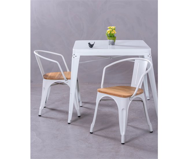 Cadeira industrial com braços e assento em olmo - Bistro Branco
