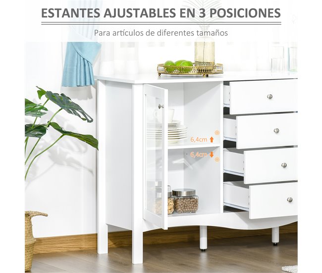 Aparador de Cozinha MDF, Vidro Temperado HOMCOM 136 Branco