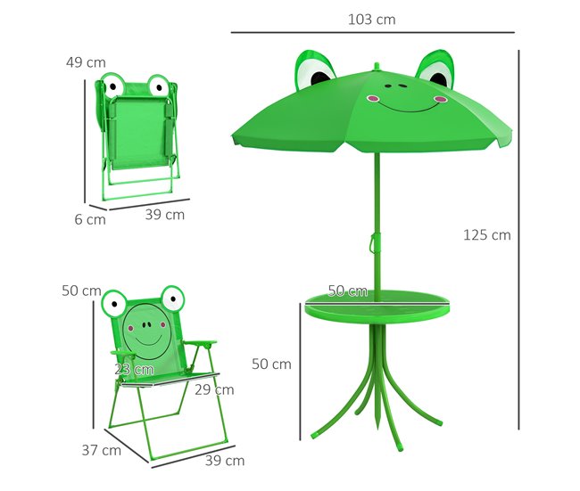 Conjunto Mesa e Cadeiras Exterior Infantil Metal e Poliéster Verde