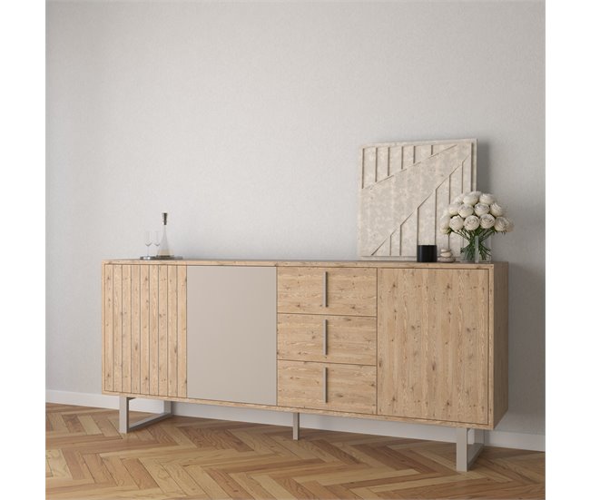 Aparador de 3 portas YAMIL em carvalho e vison Cinza/ Madeira