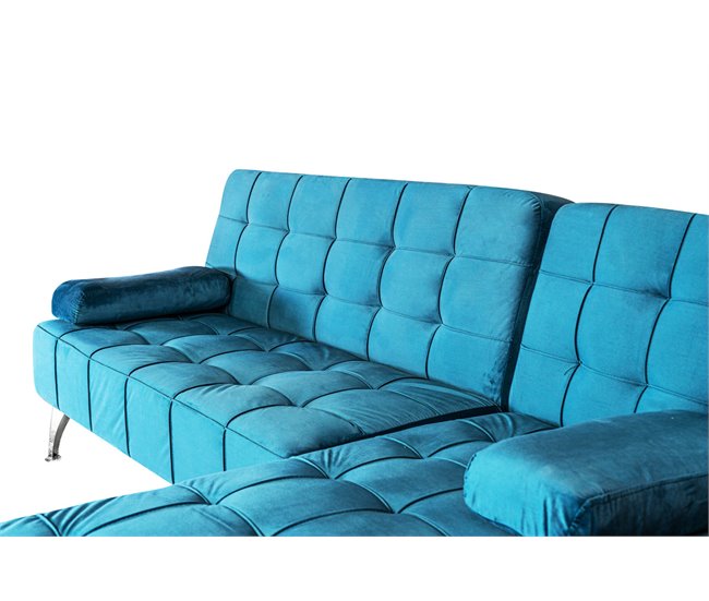 Sofá-cama com chaise longue e mesa de apoio Azul