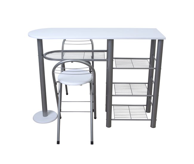 Conjunto balcão e 2 bancos de bar MALACCA II Branco/ Plateado