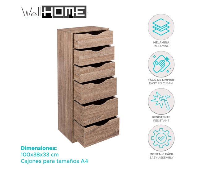 Torre de armazenamento Well Home com 6 gavetas Madeira