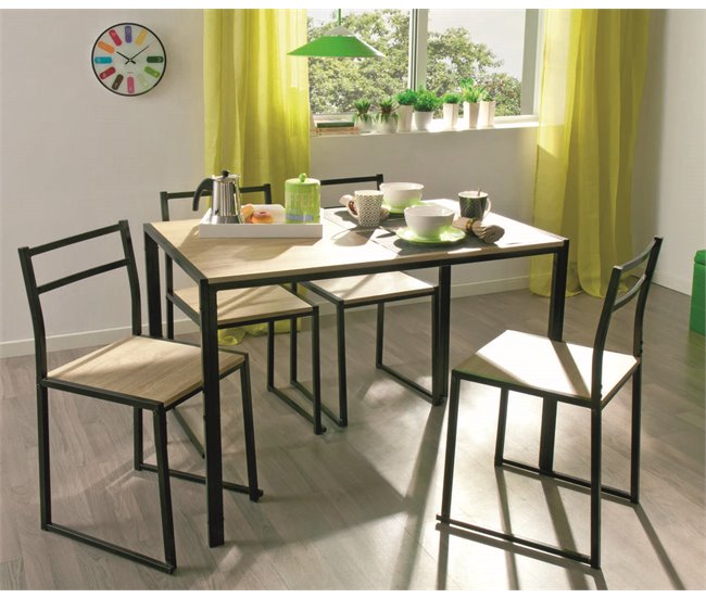 Conjunto de Mesa e 4 Cadeiras SIDNEY Preto/ Madeira