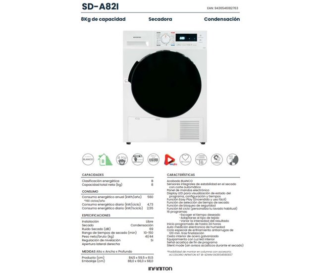 Máquina de secar roupa com carregamento frontal Infiniton SD-A82I, 8 kg Branco