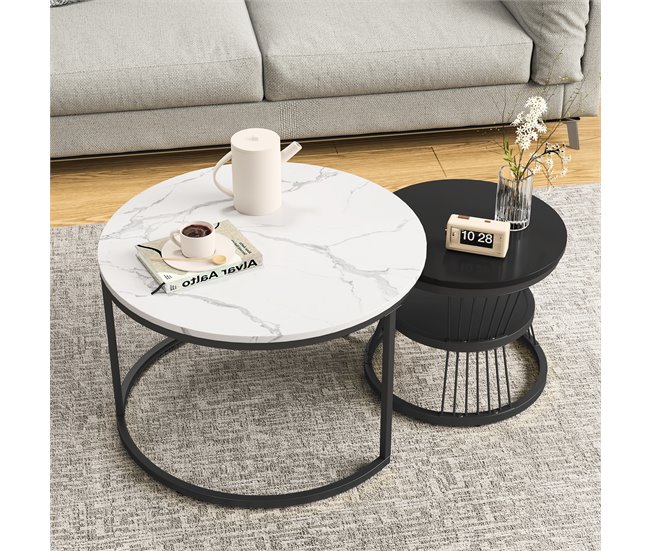 Mesa de centro, mesa de sala, iluminação LED, gavetas 70x45 Branco/ Preto