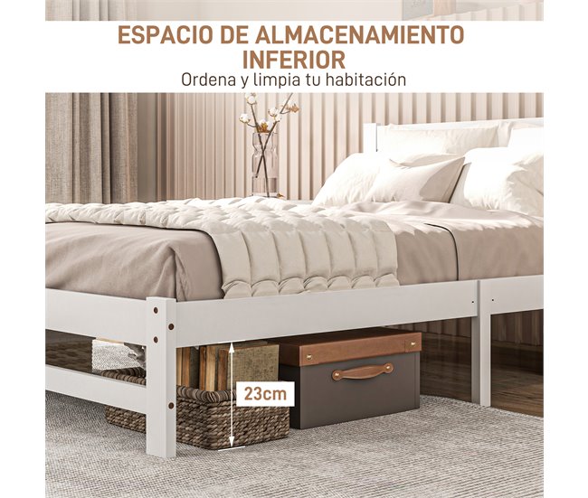 Estrutura de Cama de Casal Madeira de pinho HOMCOM, casa - quarto Branco