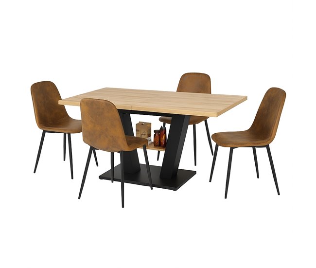 Jogo de jantar extensível com mesa efeito madeira e 4 cadeiras