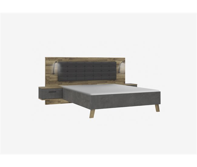 Conjunto cama com cabeceira e 2 mesinhas RICCIANO Carvalho