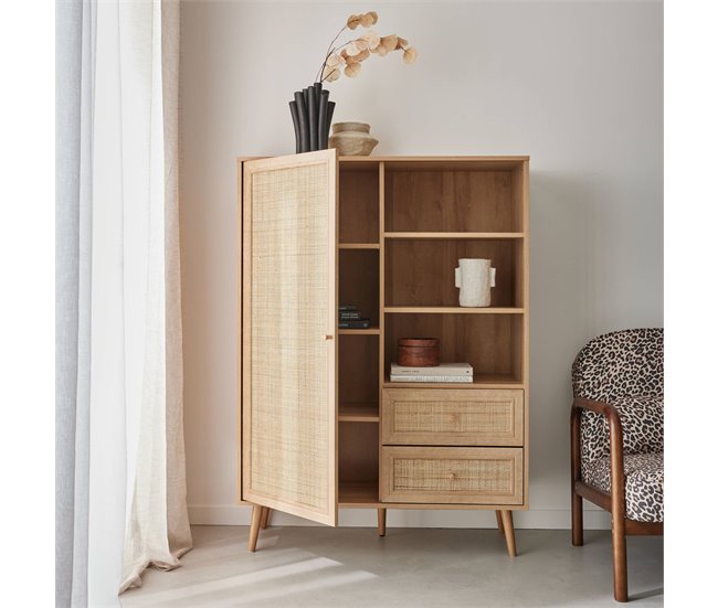 Aparador de arrumação em madeira e cana 1 porta, 2 gavetas 101 Madeira