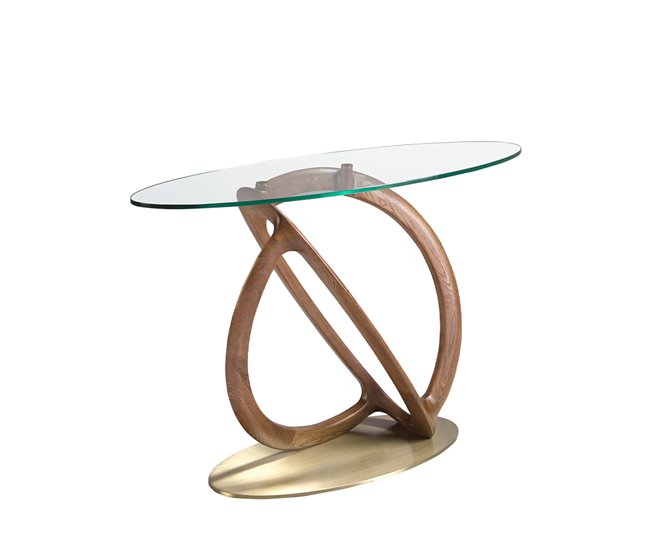 Consola oval vidro temperado oval, nogueira e aço polido dourado Nogal