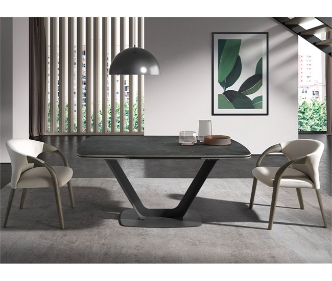 ANGEL CERDA Mesa de jantar extensível barril oval mármore porcelânico e aço preto 240x100 Preto