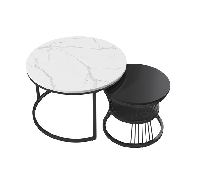 Mesa de centro, mesa de sala, iluminação LED, gavetas 70x45 Branco/ Preto