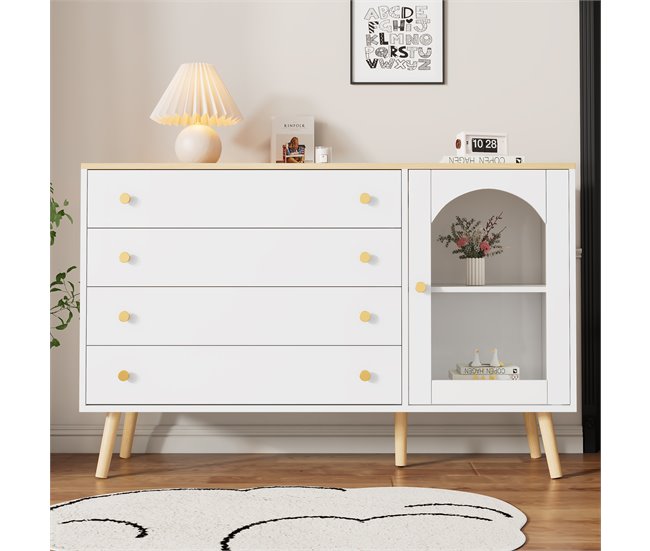 Aparador de painel de partículas com 1 porta e 4 gavetas Branco